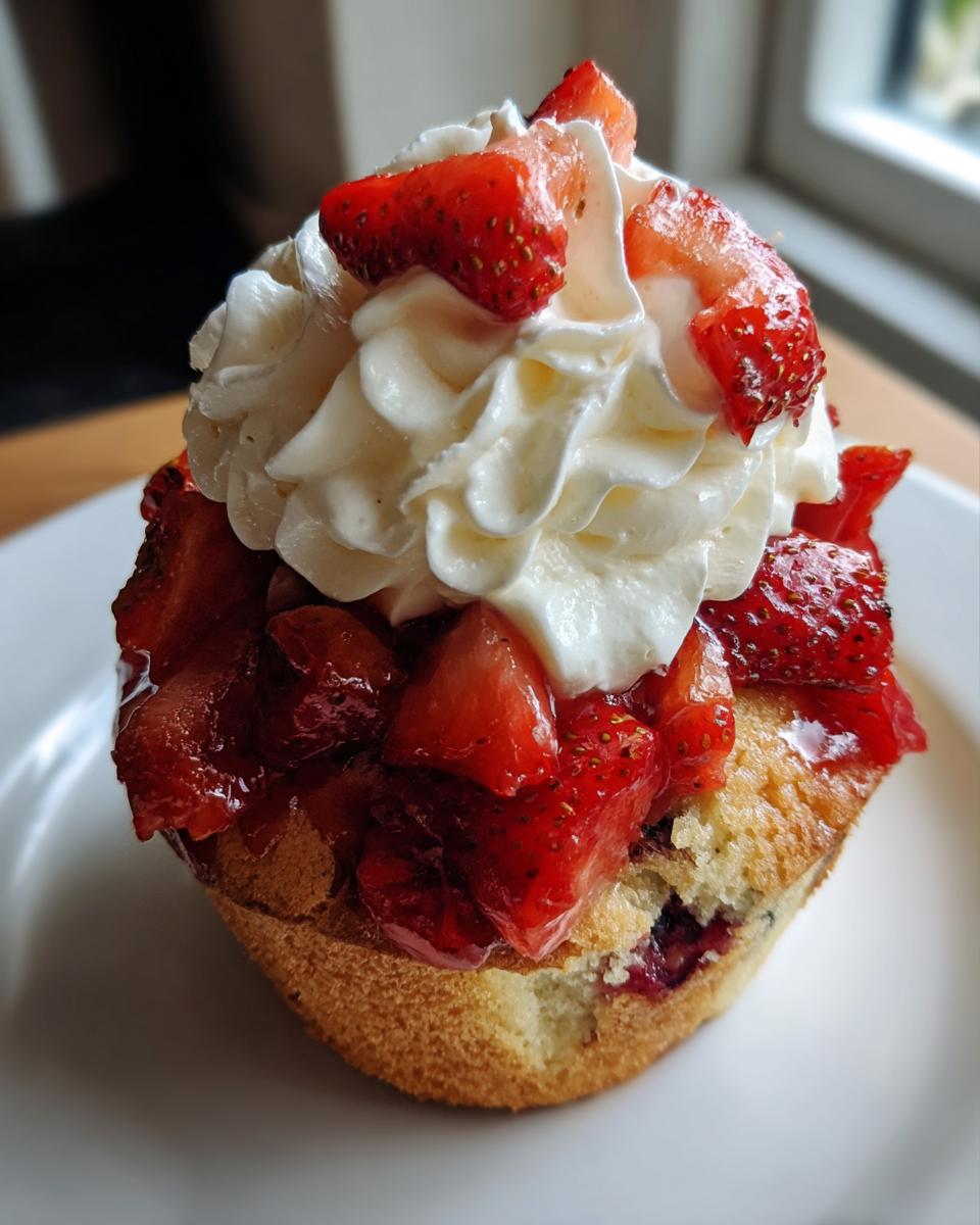 Close-up of a single blueberry muffin strawberry shortcake topped with macerated strawberries and whipped cream.
