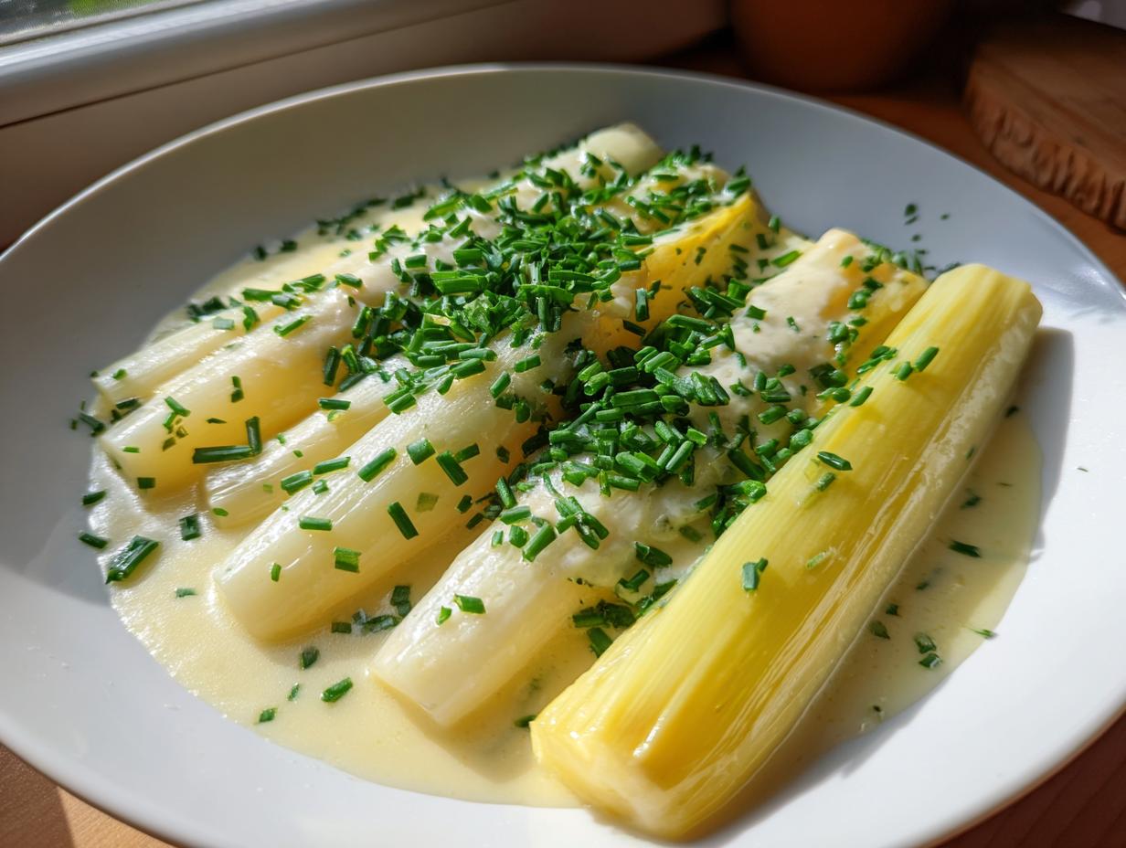 Close-up of tender braised leeks served in a creamy sauce and topped generously with fresh chopped chives.