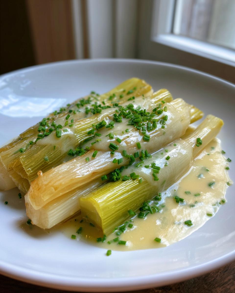 Close-up of tender braised leeks served on a white plate, topped with a creamy sauce and fresh chopped chives.