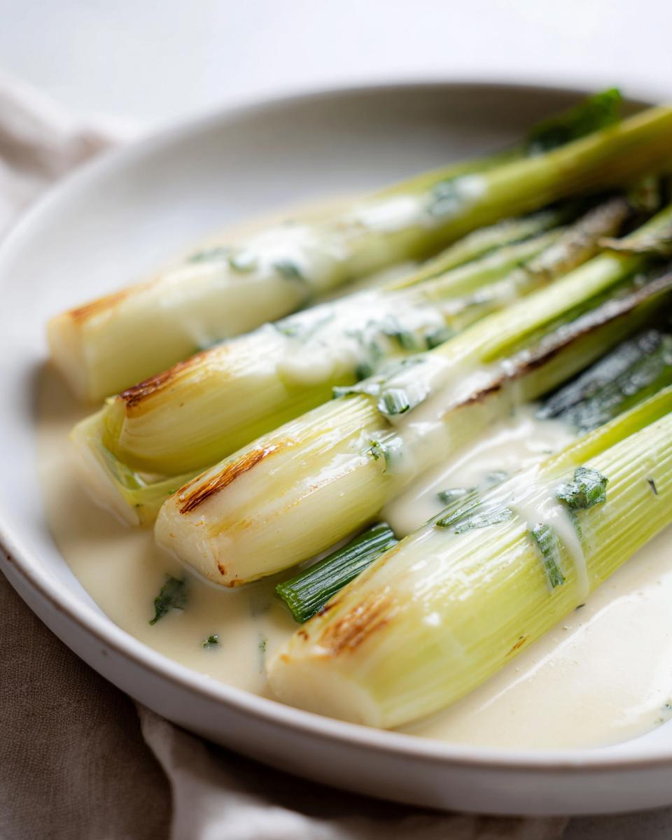 Close-up of tender braised leeks with cream and white wine sauce served in a shallow white bowl.