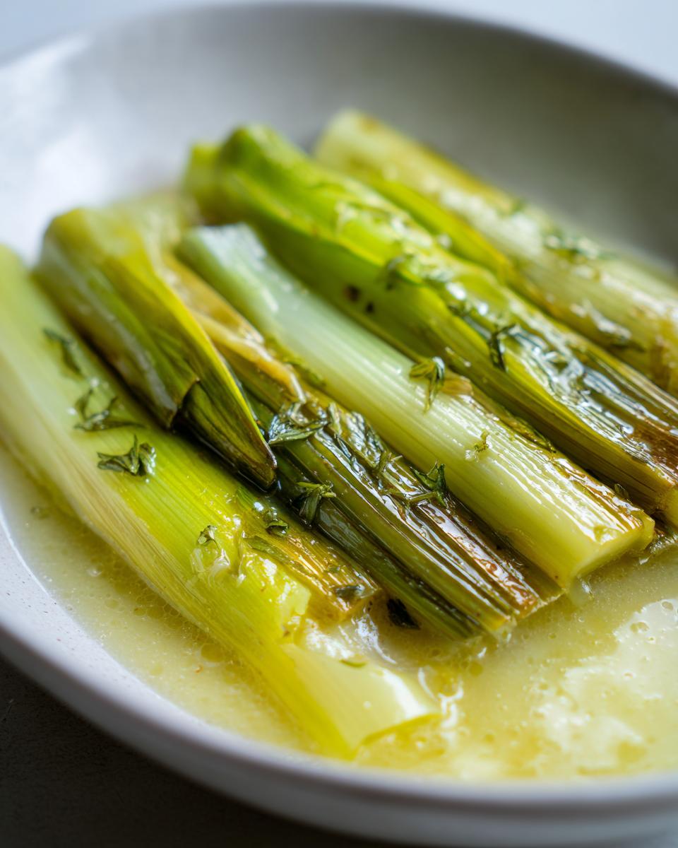 Close-up of tender braised leeks with cream and white wine sauce, garnished with herbs.