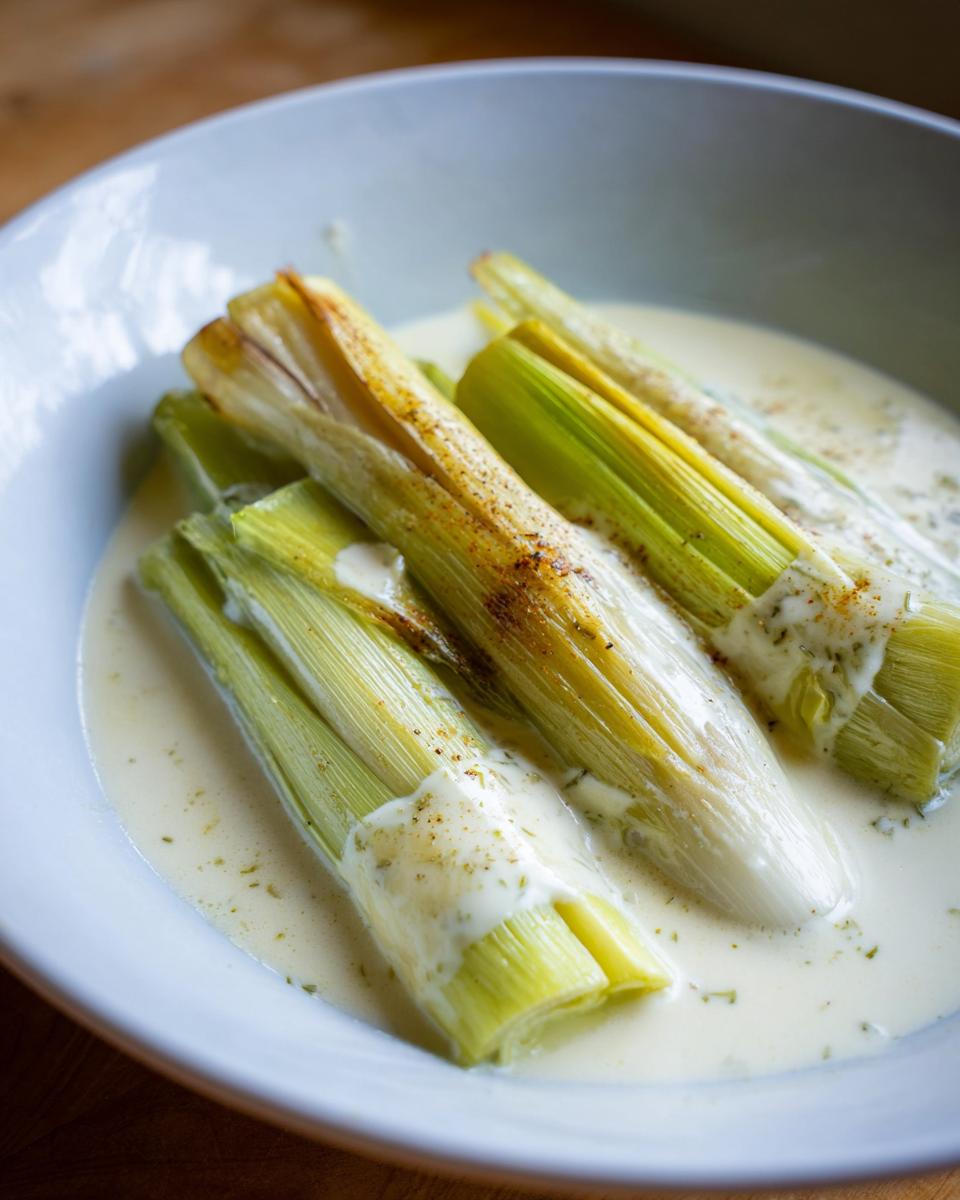 Four stalks of braised leeks with cream and white wine sauce served in a light blue bowl.
