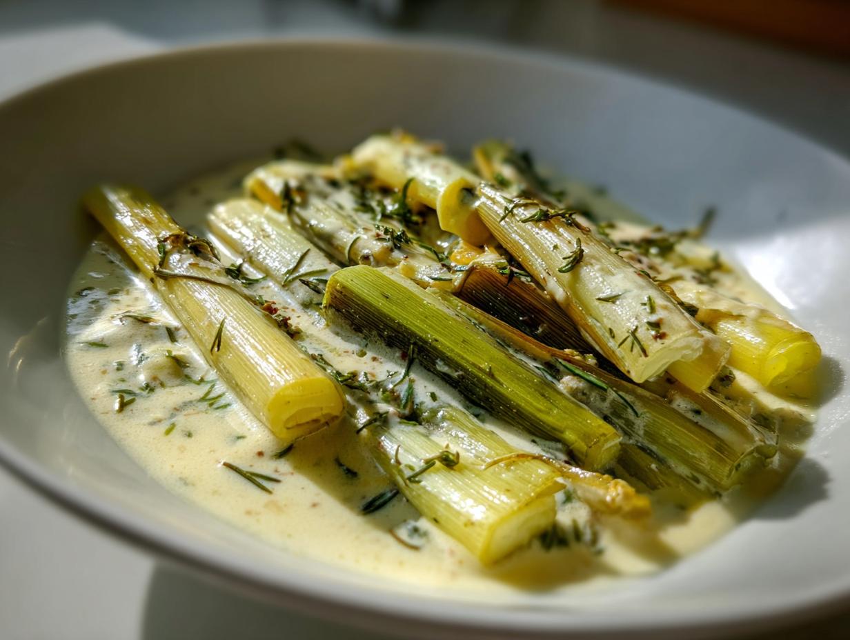 Close-up of braised leeks with cream and white wine sauce, garnished with herbs.