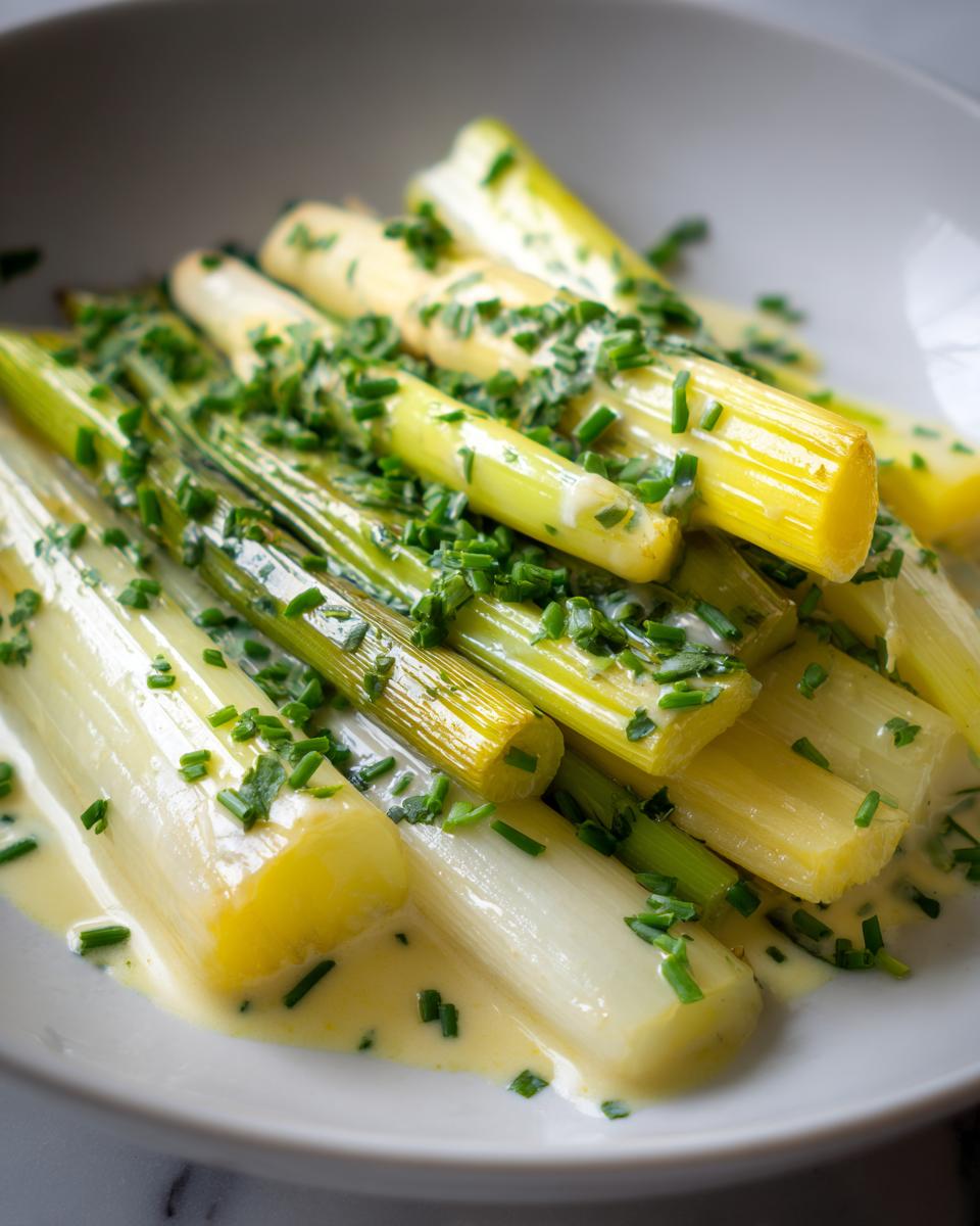 Close-up of tender braised leeks served in a creamy sauce and generously topped with fresh chopped chives.