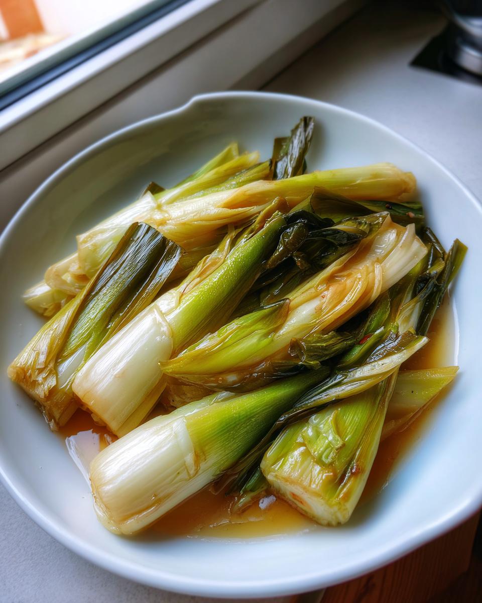 A white bowl filled with tender, glossy french braised leeks sitting in a savory broth.