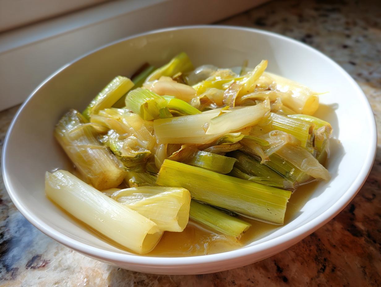 A close-up of tender, glossy french braised leeks served in a white bowl, bathed in a light broth.