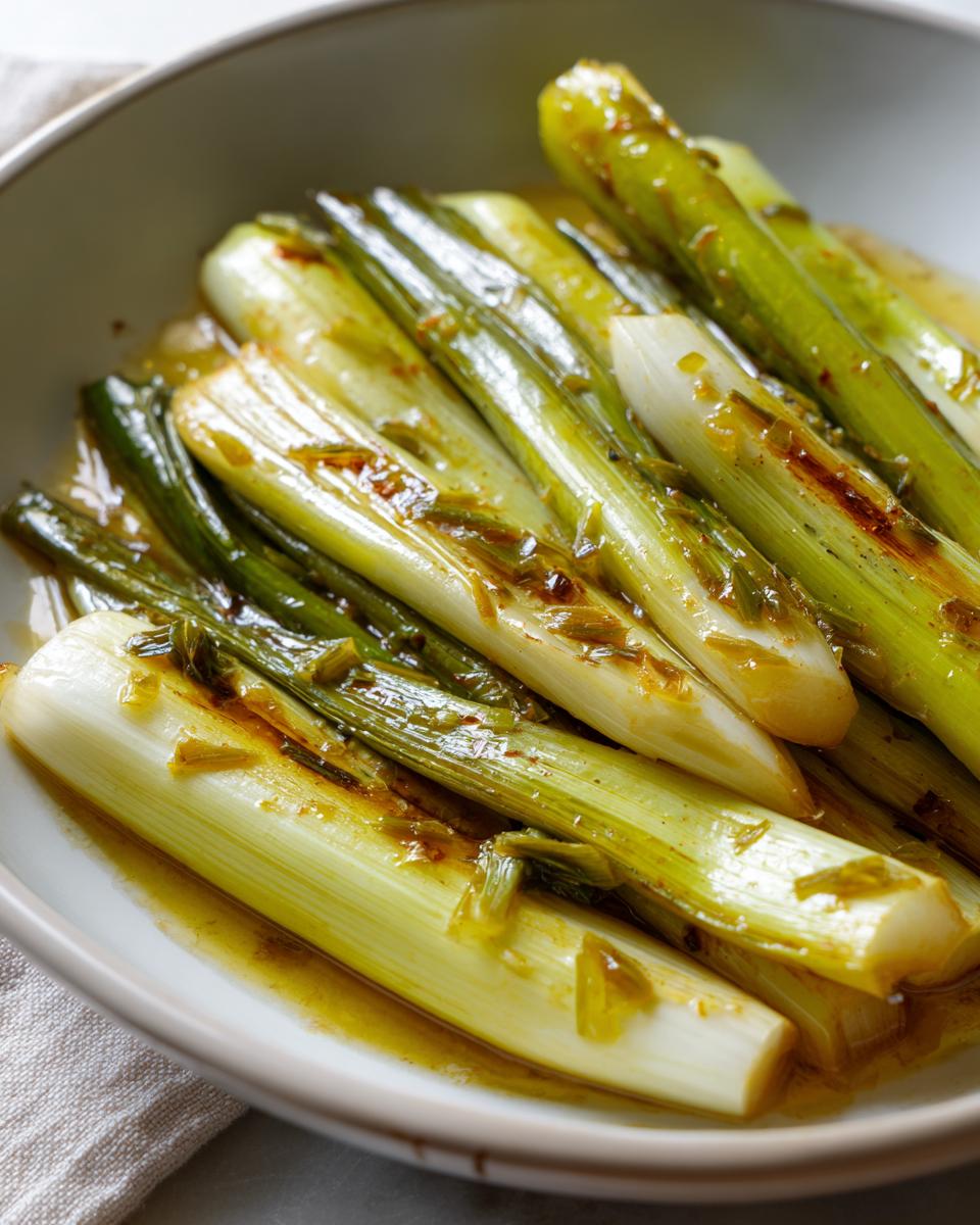 A close-up of tender french braised leeks served in a light, savory sauce in a shallow bowl.