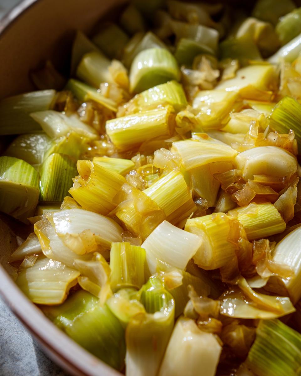 Close-up of chopped leeks simmering in liquid, showing tender white and light green pieces during the french braised leeks preparation.