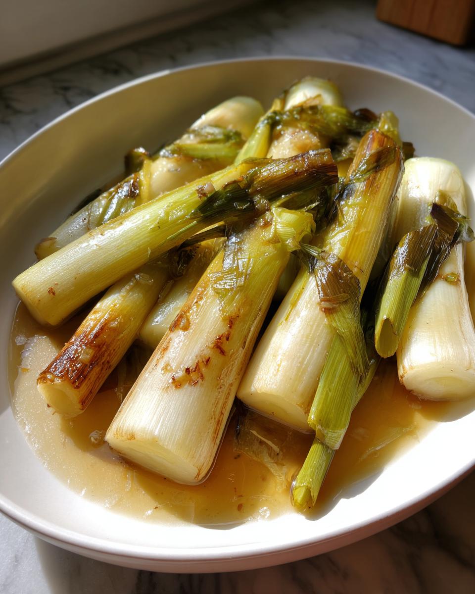 Close-up of tender french braised leeks served whole in a white bowl with savory braising liquid.