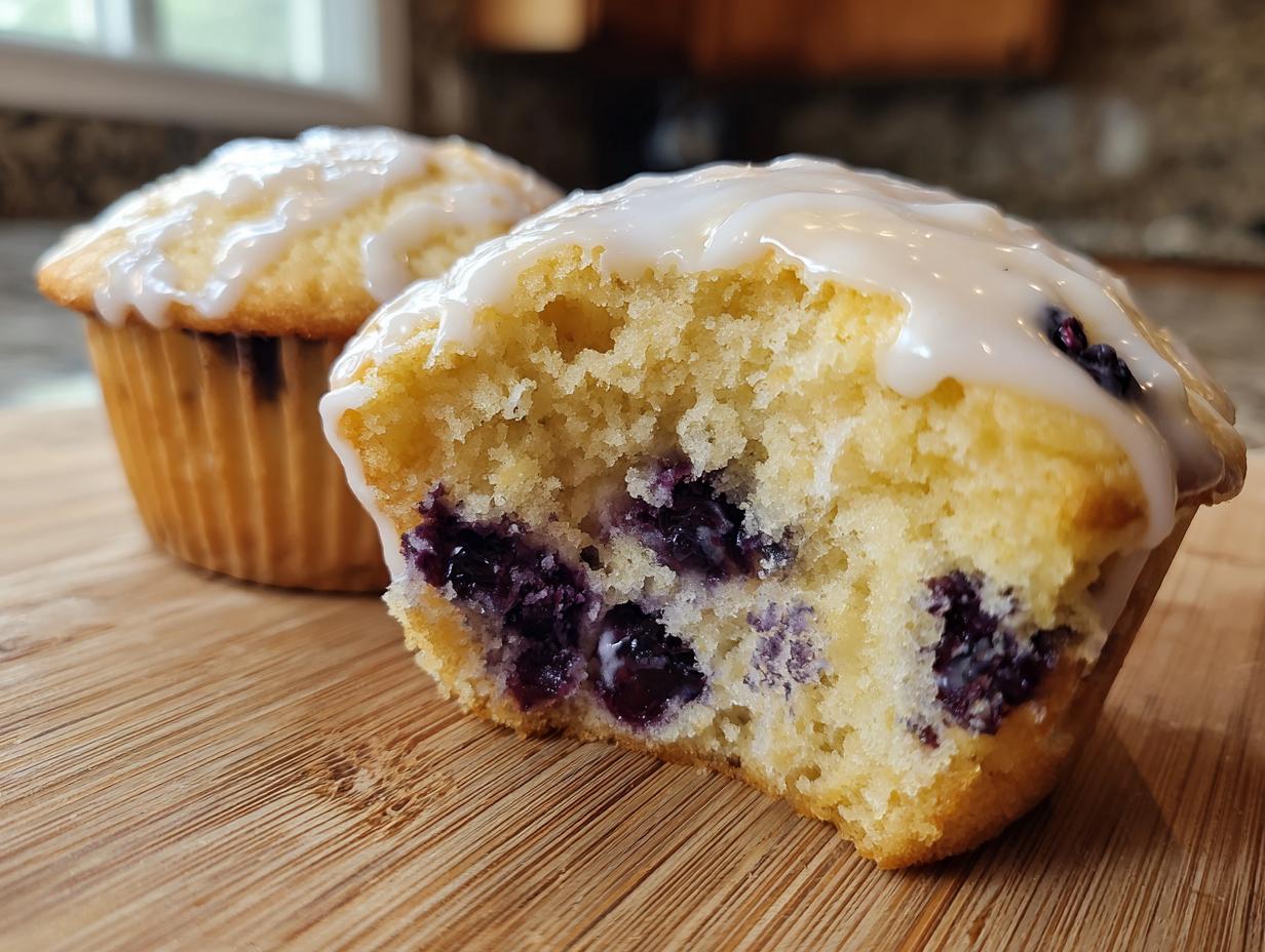 Close-up of a glazed sourdough blueberry muffin cut in half showing the moist interior and plump blueberries.