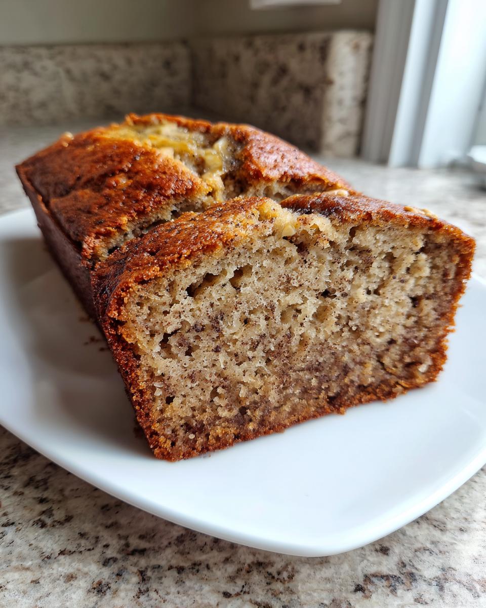A close-up of a freshly baked gluten free sugar free banana bread loaf with one thick slice cut and resting on a white plate.