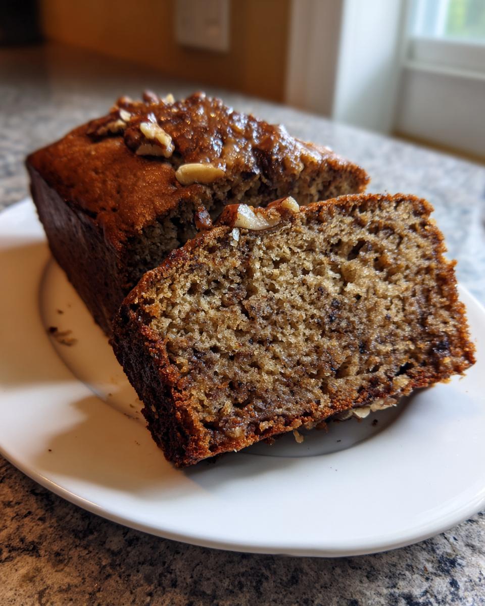 A loaf of moist gluten free sugar free banana bread, sliced to show the texture, topped with glaze and walnuts.