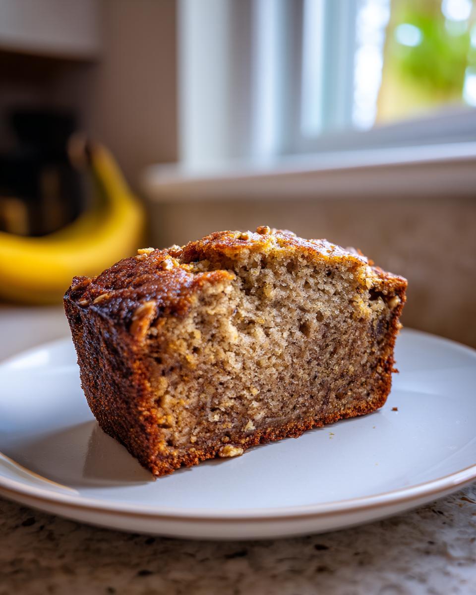A close-up of a moist slice of gluten free sugar free banana bread served on a light blue plate.