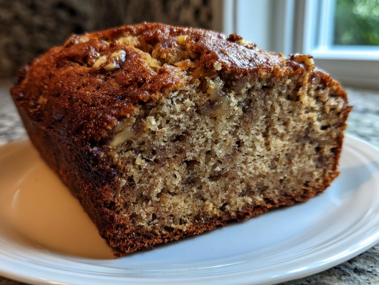 Close-up of a moist slice of gluten free sugar free banana bread topped with walnuts on a white plate.