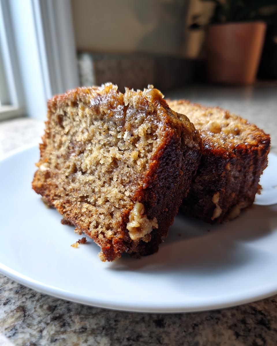 Two moist slices of gluten free sugar free banana bread showing a rich brown color and visible nuts, served on a white plate.