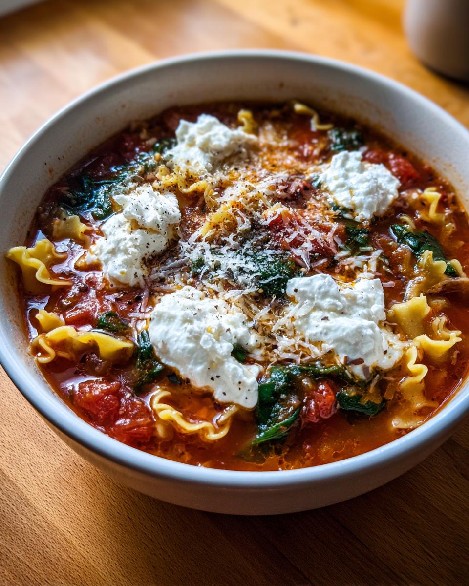 A close-up bowl of rich, tomato-based lasagna soup featuring broken lasagna noodles, spinach, and dollops of ricotta cheese.
