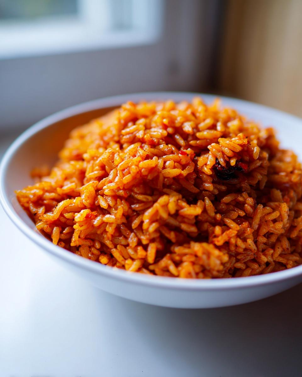 Close-up of vibrant orange jollof rice nigerian served in a white bowl against a bright background.