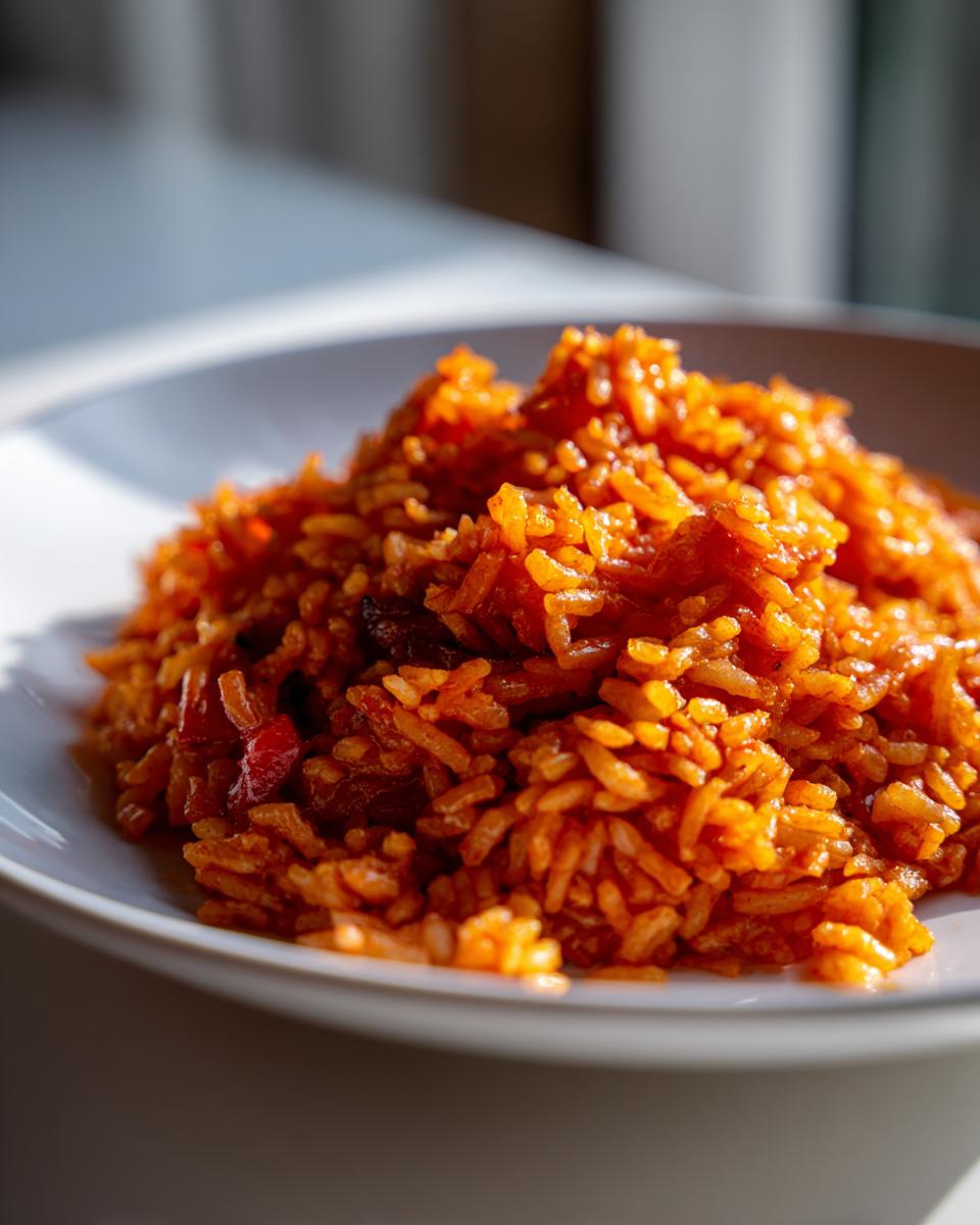 Close-up of a mound of vibrant orange jollof rice nigerian served on a white plate, catching the sunlight.