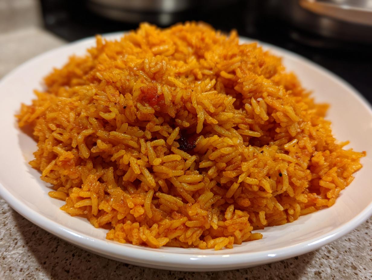 A close-up of a mound of vibrant, orange-red jollof rice nigerian served on a white plate.