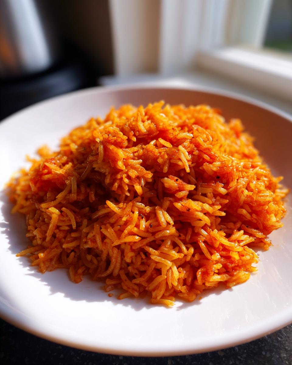 A close-up of vibrant, orange-red jollof rice nigerian served on a white plate, illuminated by natural light.