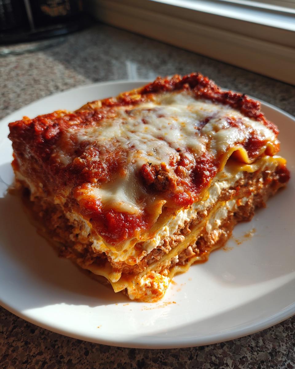 A perfectly layered slice of lasagna recipe with ricotta, meat sauce, and melted cheese topping.