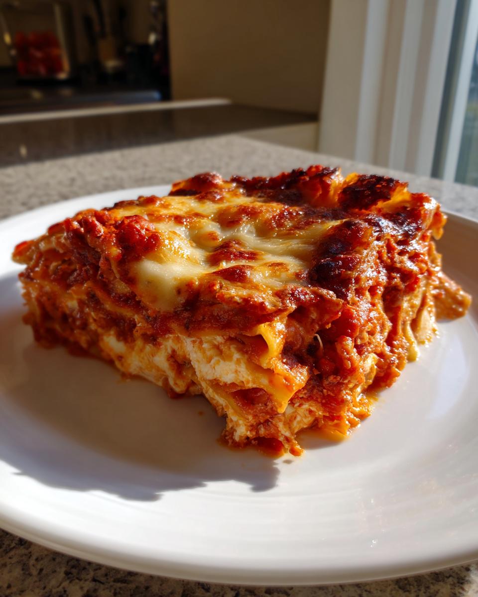 A close-up of a perfectly layered slice of lasagna recipe with ricotta, topped with melted, browned cheese.