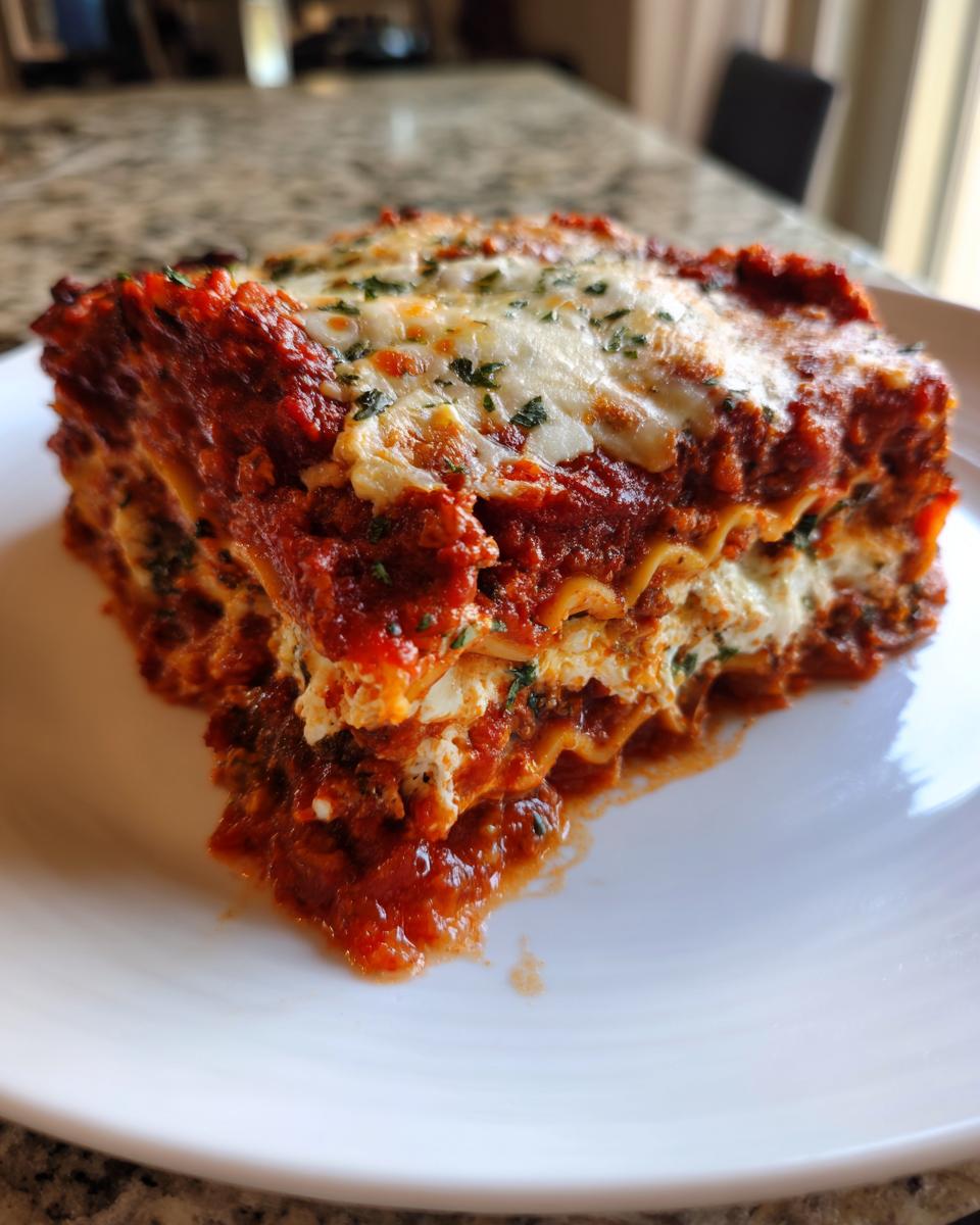 A thick, layered slice of lasagna recipe with ricotta cheese, rich red sauce, and melted mozzarella topping.