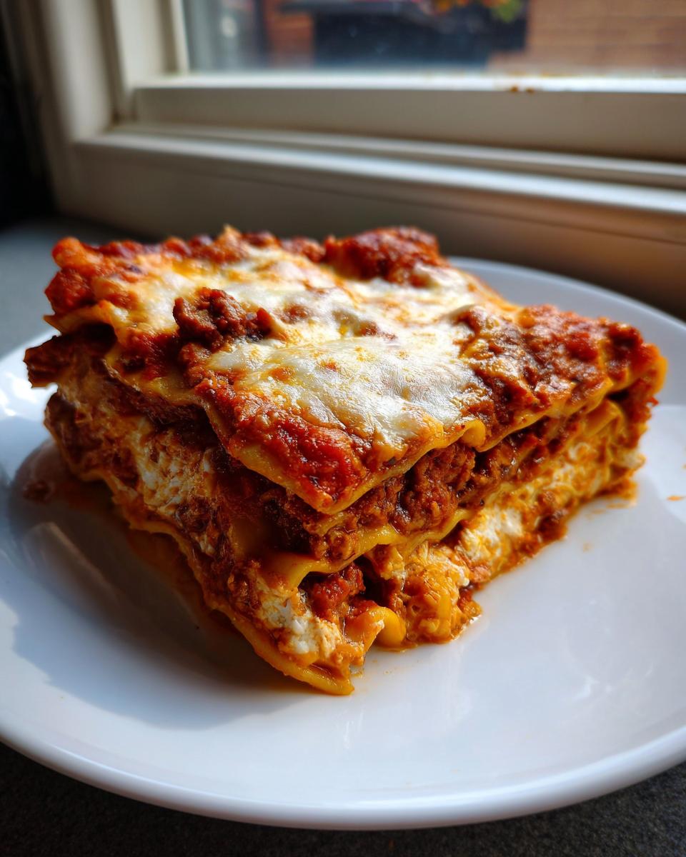A thick, layered slice of lasagna recipe with ricotta and meat sauce, topped with melted cheese.