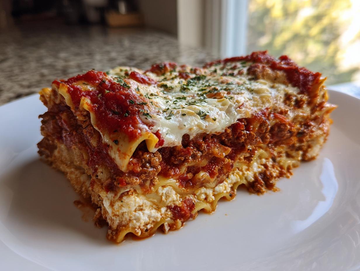A thick, layered slice of lasagna recipe with ricotta cheese, meat sauce, and melted mozzarella on a white plate.