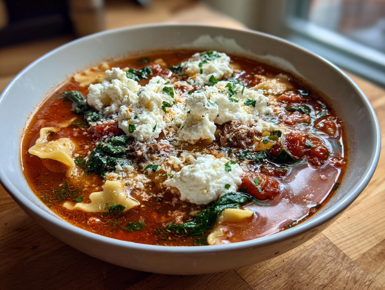 A close-up of a white bowl filled with rich tomato broth lasagna soup, topped with dollops of ricotta and Parmesan cheese.