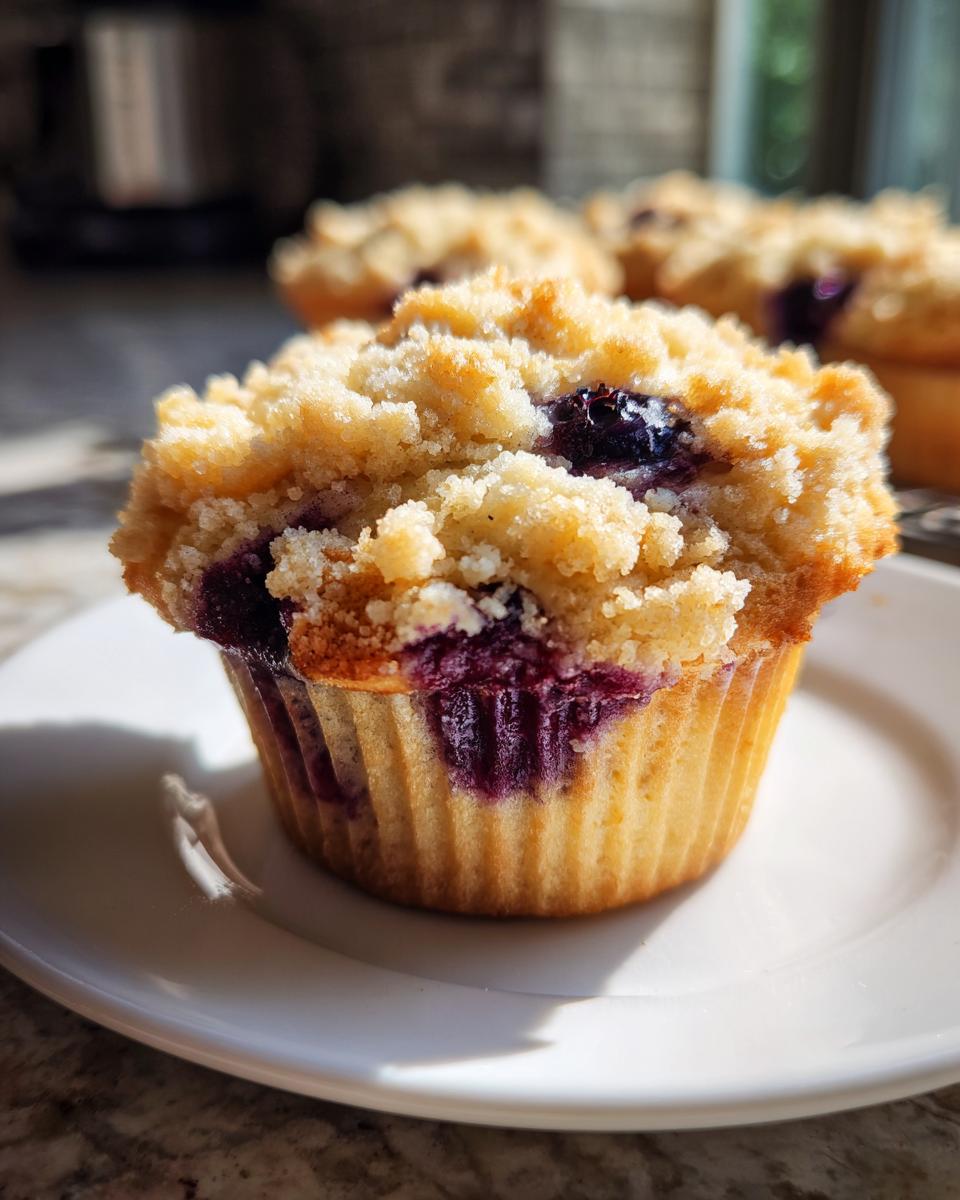 A close-up of a moist blueberry muffin topped with a generous crumb topping, sitting on a white plate.