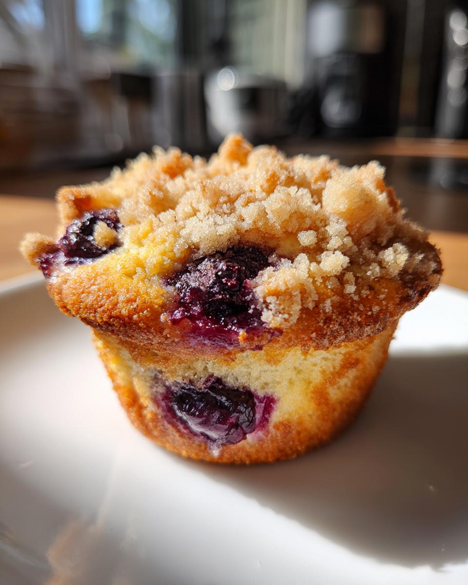 A close-up of a single, golden-brown blueberry muffin topped with streusel, featuring juicy blueberries.