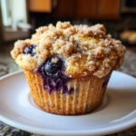 A close-up of a freshly baked blueberry muffins topped with a thick, sugary crumb topping, sitting on a white plate.