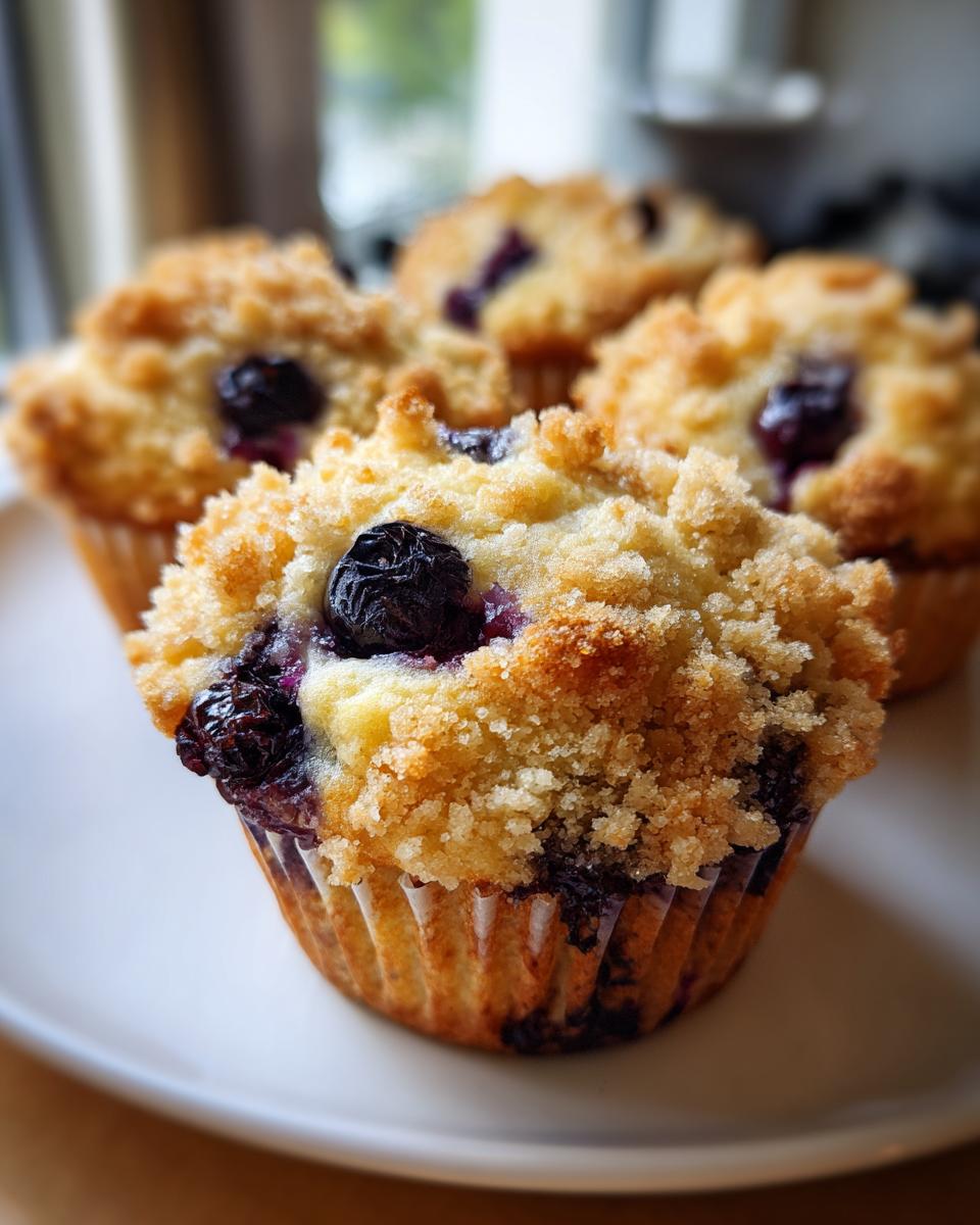 Close-up of a moist blueberry muffin topped with golden streusel, featuring visible whole blueberries.