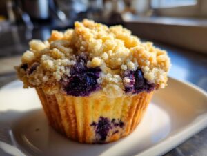 Close-up of a moist blueberry muffin topped with a generous layer of golden streusel crumb topping.