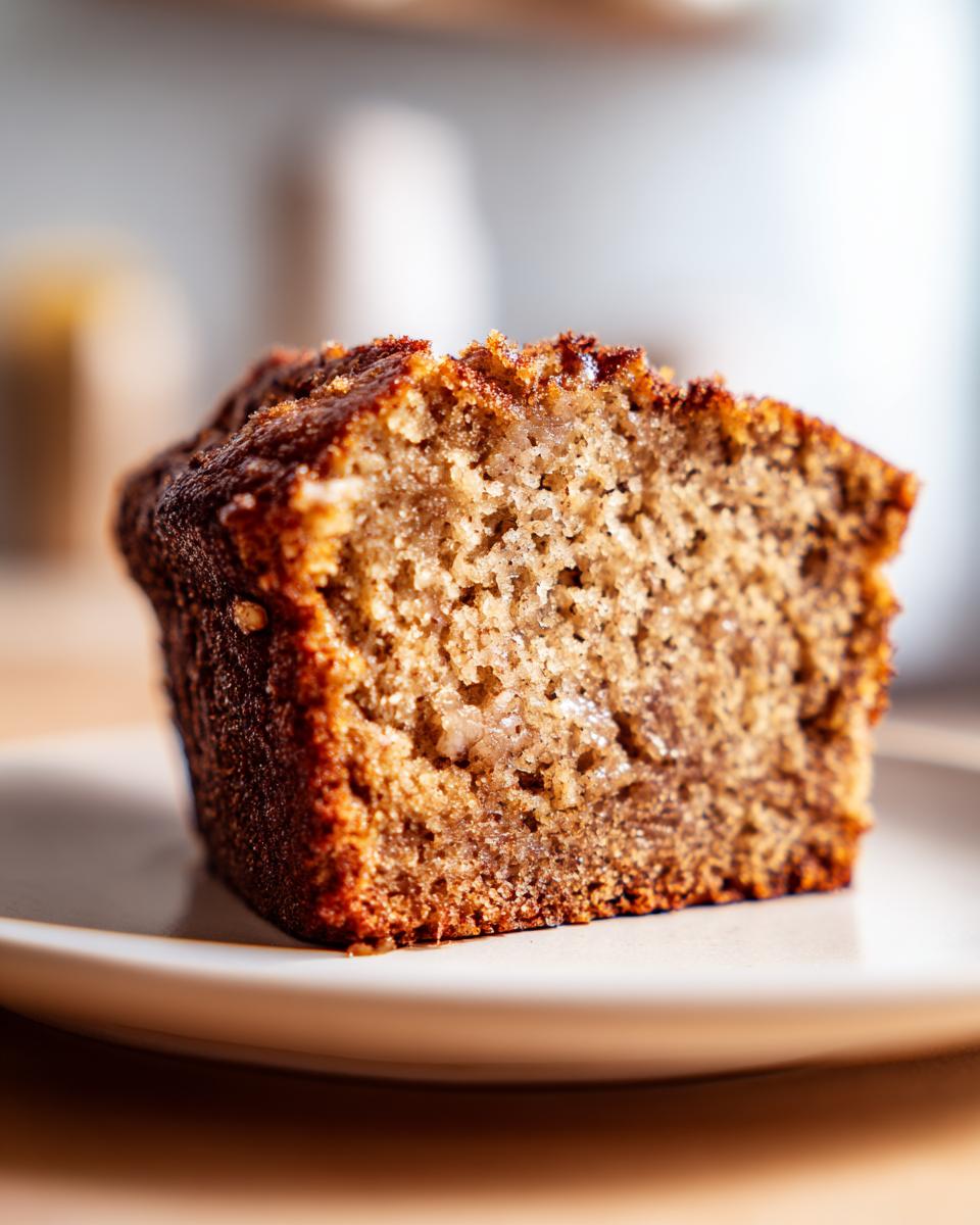 Close-up of a moist slice of sugar free banana bread showing its dense, brown crumb texture on a light plate.