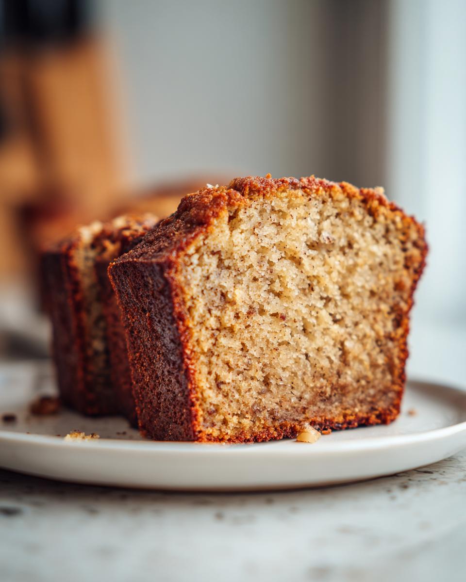 Close-up of a thick slice of moist sugar free banana bread with a dark, caramelized crust.