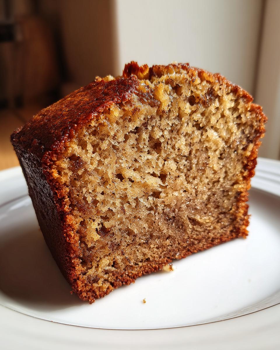 Close-up of a moist, golden-brown slice of sugar free banana bread on a white plate.