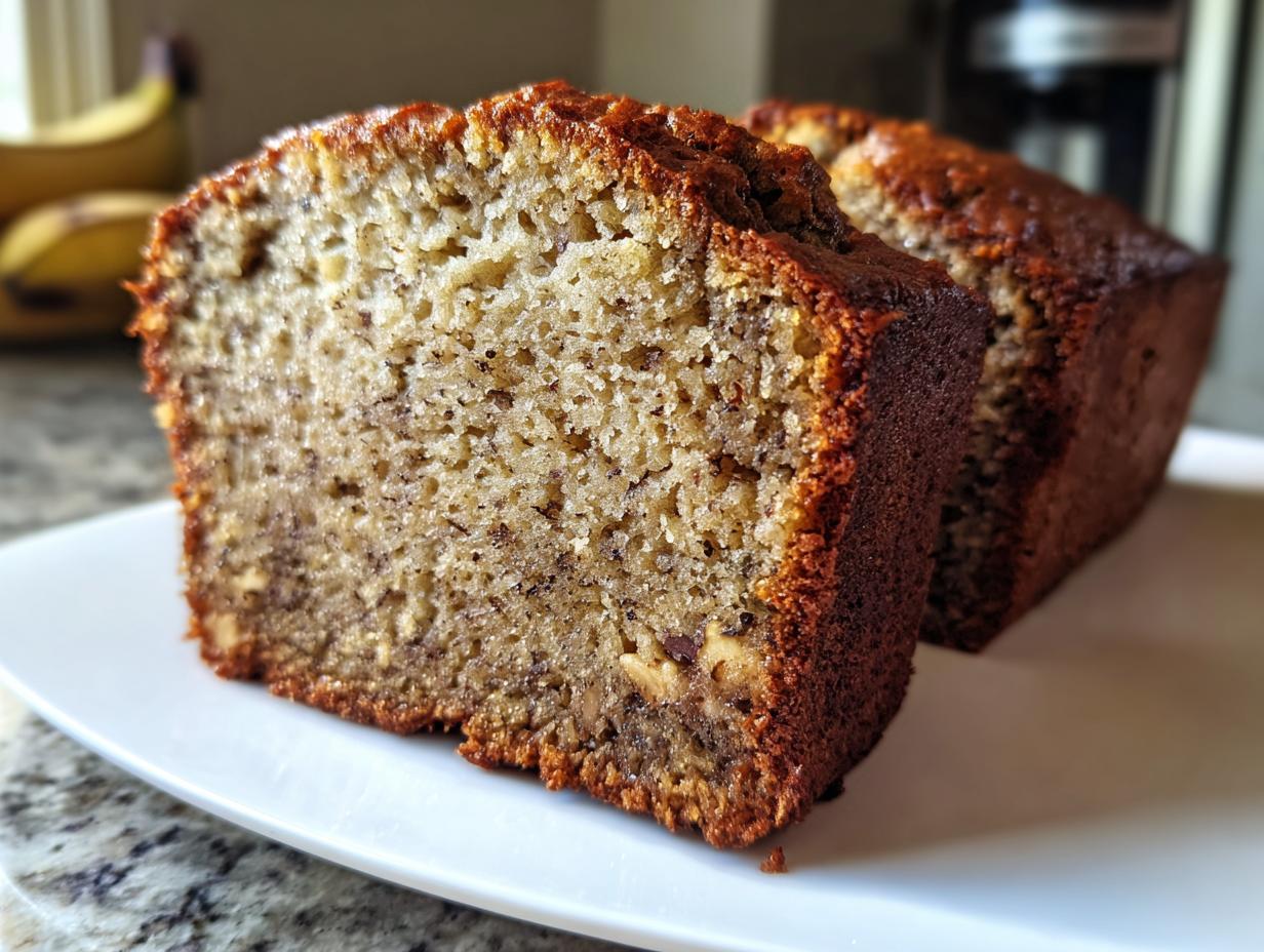 Close-up of a thick slice of moist sugar free banana bread showing its texture and dark crust.
