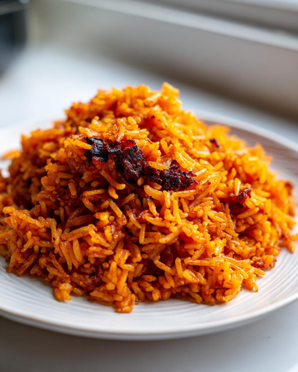 Close-up of a mound of vibrant orange Nigerian jollof rice, showing some slightly charred bottom grains.