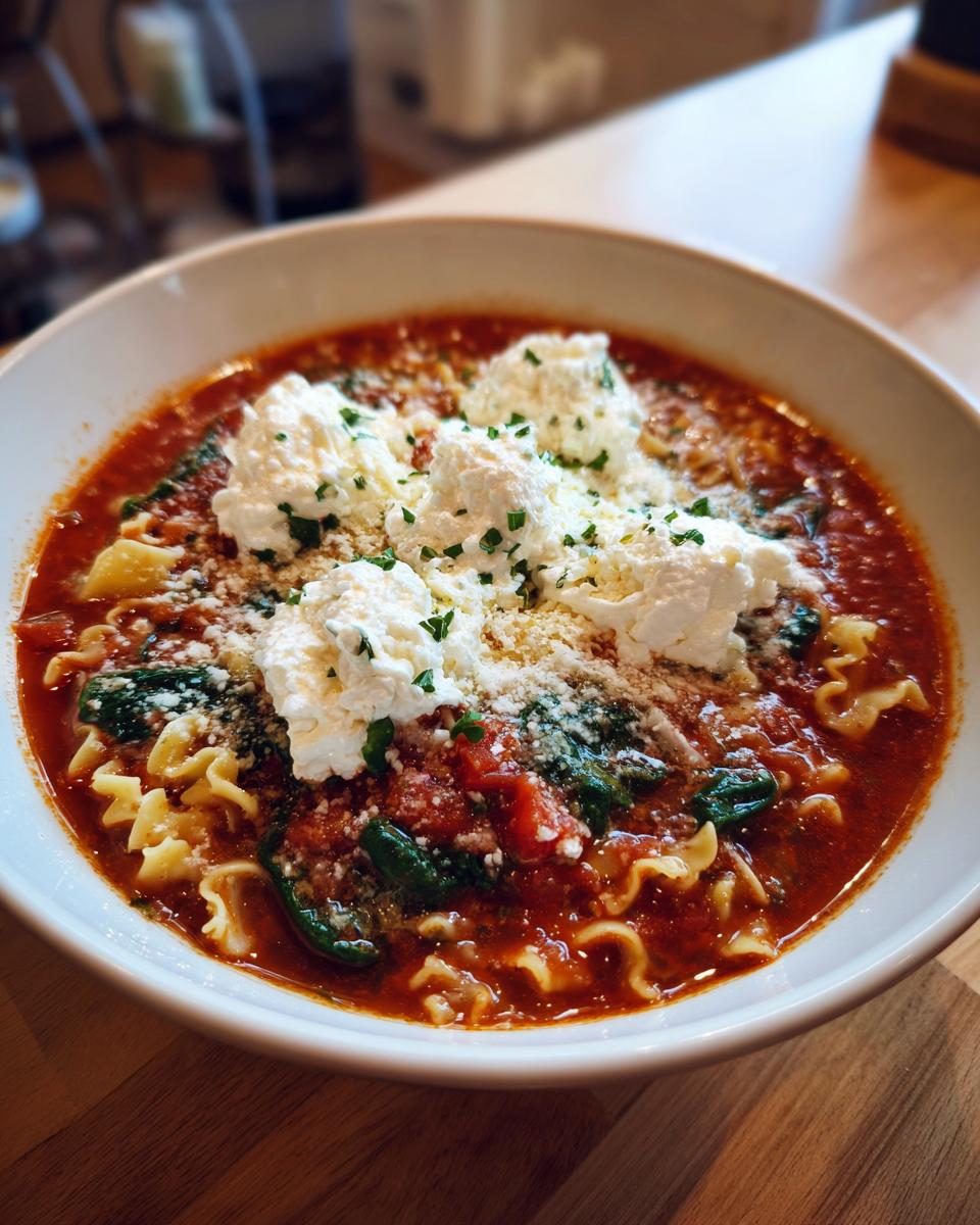 A close-up of a hearty bowl of lasagna soup, featuring ruffled noodles, tomato broth, spinach, and topped with dollops of ricotta cheese.