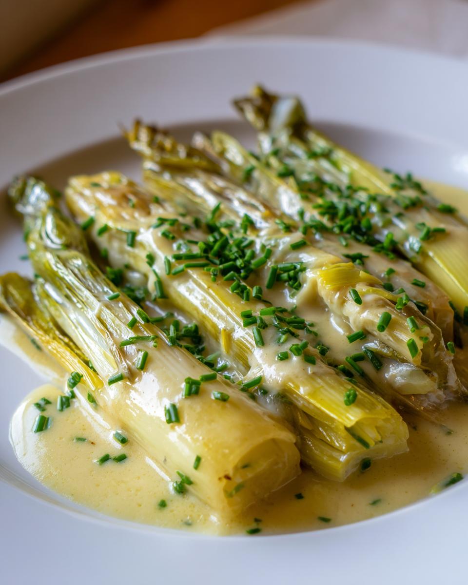 Close-up of perfectly cooked braised leeks served in a rich, creamy sauce and topped with fresh chopped chives.