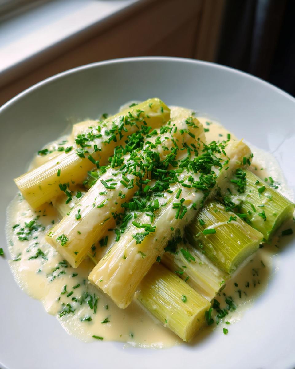 Close-up of perfectly cooked braised leeks served in a creamy white sauce and generously topped with fresh chopped chives.