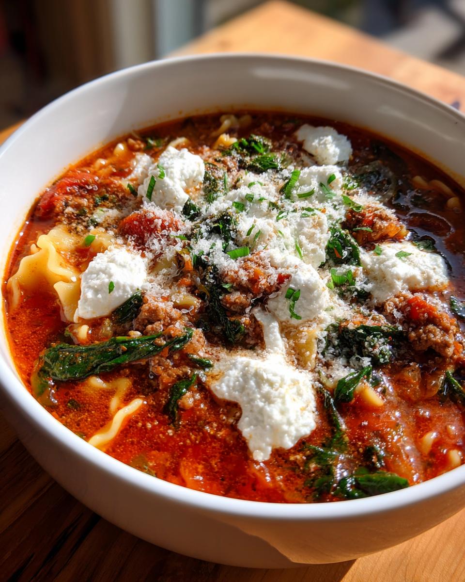 Close-up of a bowl of rich lasagna soup, topped with dollops of ricotta, grated Parmesan, and fresh herbs.