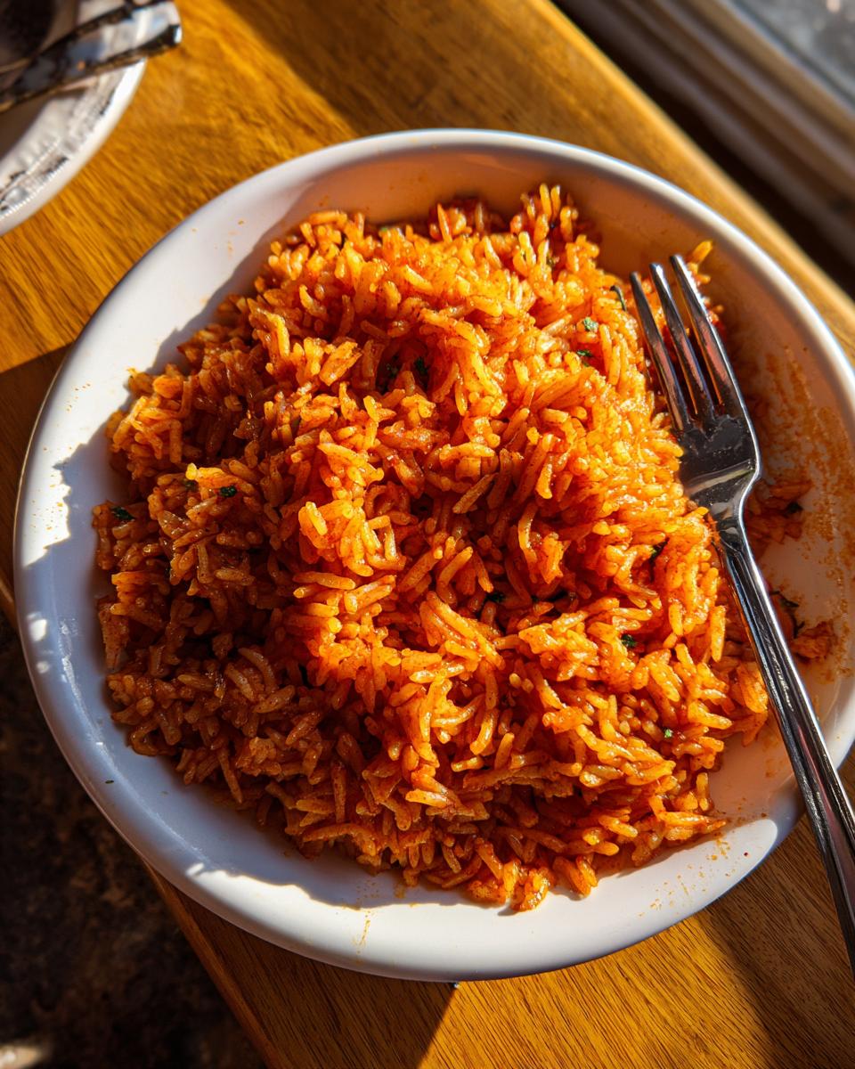 Close-up overhead shot of vibrant, smoky jollof rice served in a white bowl with a silver fork resting on the side.