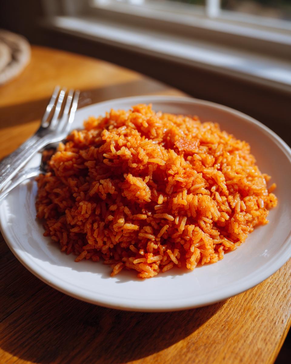 A generous serving of vibrant, orange-red smoky jollof rice piled high on a white plate next to two forks.