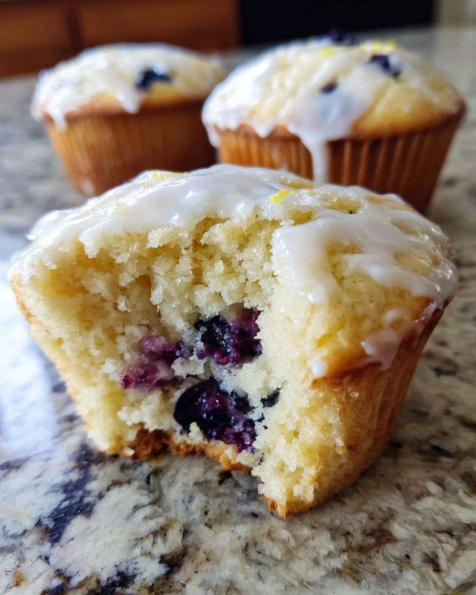 A bite taken out of a fluffy sourdough blueberry muffin showing juicy blueberries and a lemon glaze topping.