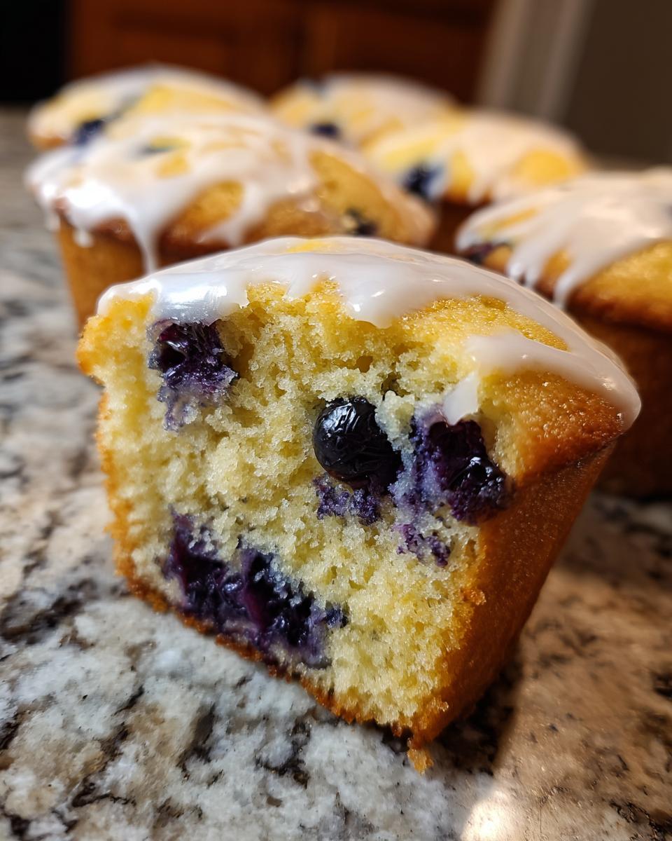 Close-up of a sourdough blueberry muffin cut in half showing moist crumb and blueberries, topped with white glaze.