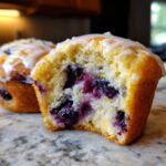 A close-up, cross-section view of a sourdough blueberry muffin, showing moist interior packed with blueberries and topped with white glaze.