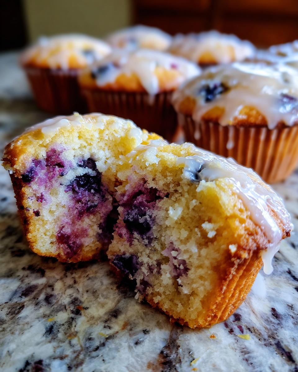 Close-up of a sourdough blueberry muffin cut in half showing moist crumb and blueberries, topped with a white glaze.